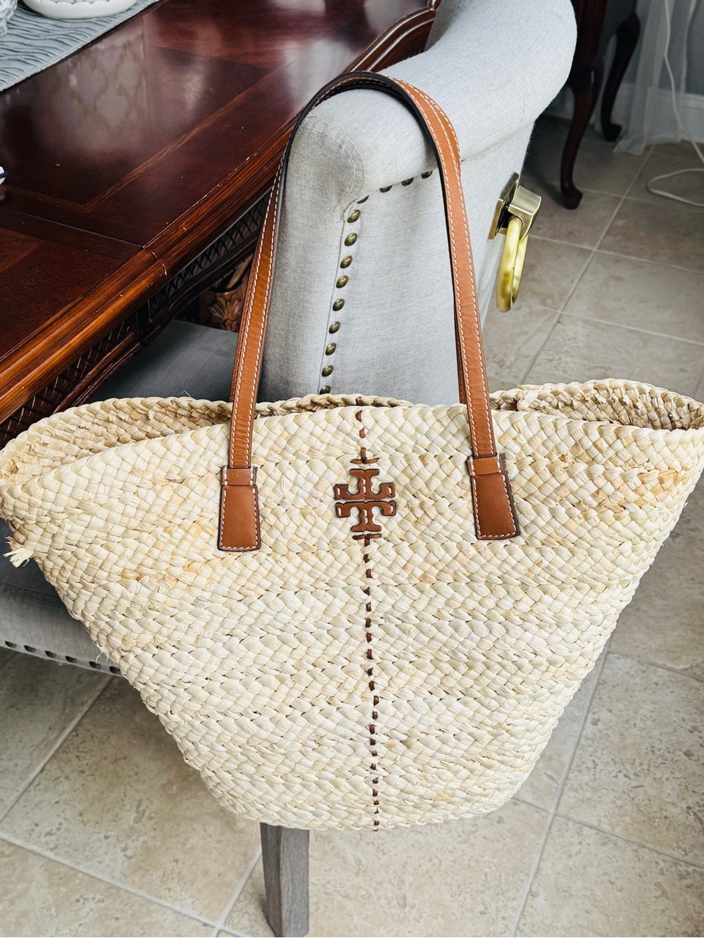 Tory Burch McGraw Straw Shopper Tote Natural Woven Raffia Leather Pouch Dustbag - Picture 15 of 16